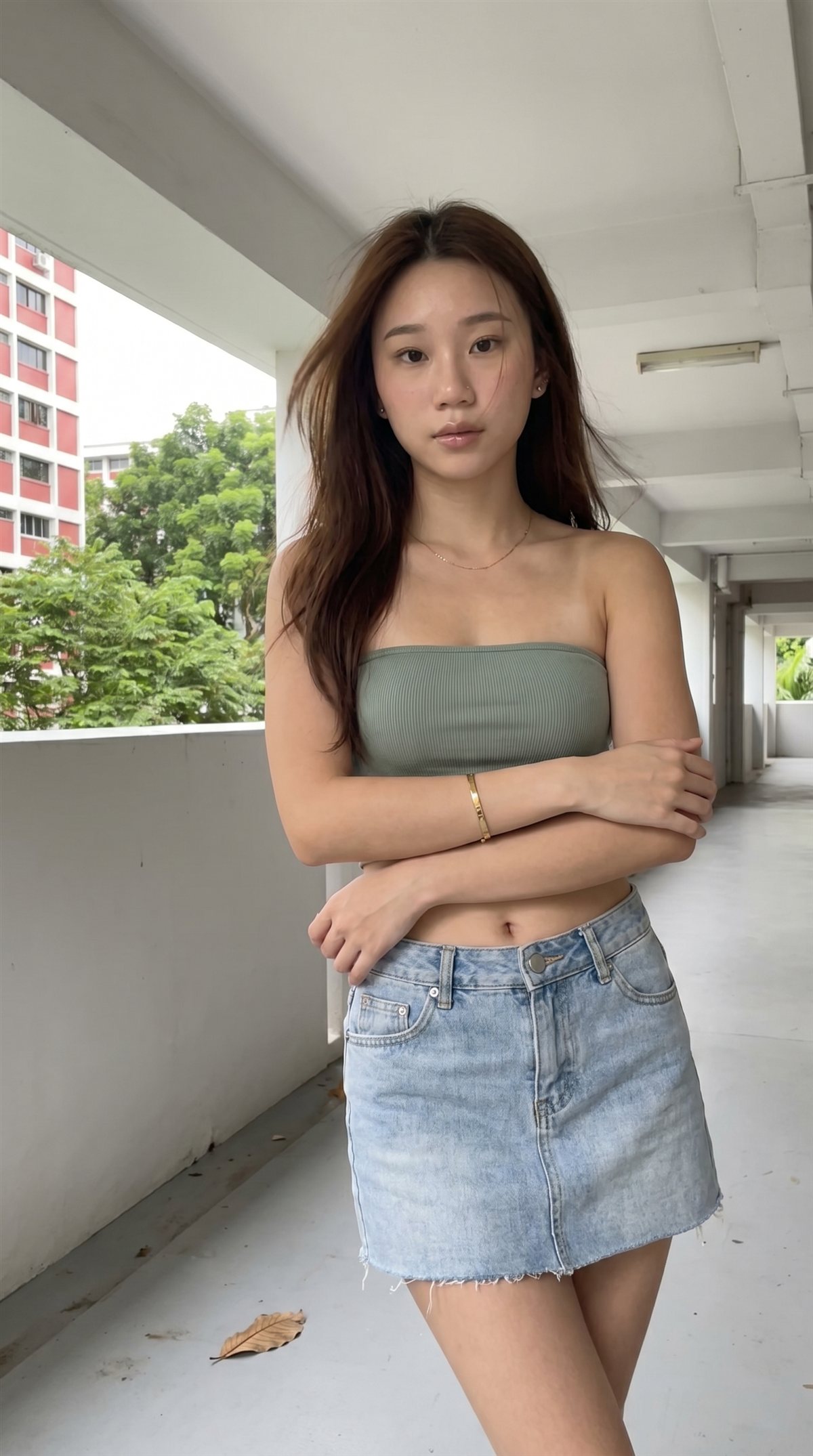 AI-generated creator in denim mini skirt and green top on a Singapore HDB corridor